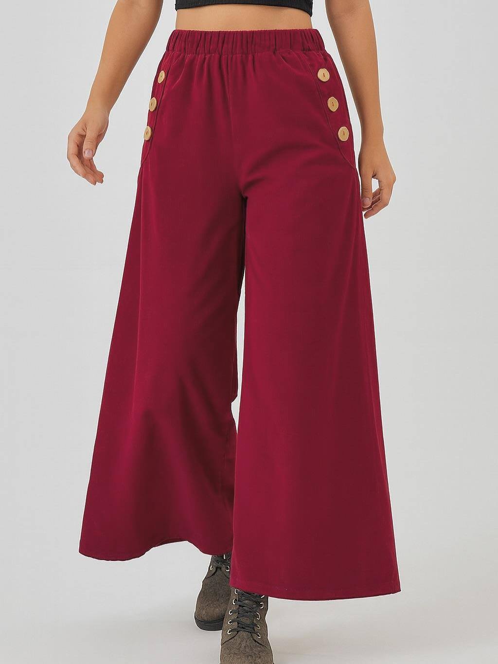 İtalyan Kadife Düğme Detaylı Pantolon - BORDO