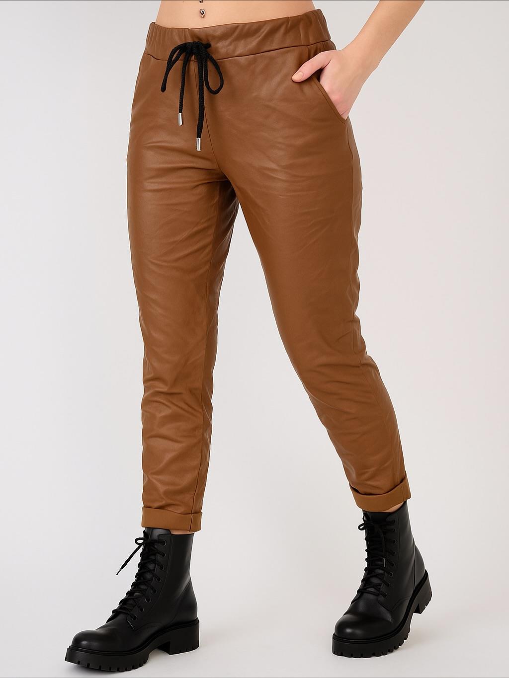 İtalyan Likralı Deri Pantolon - KAHVE