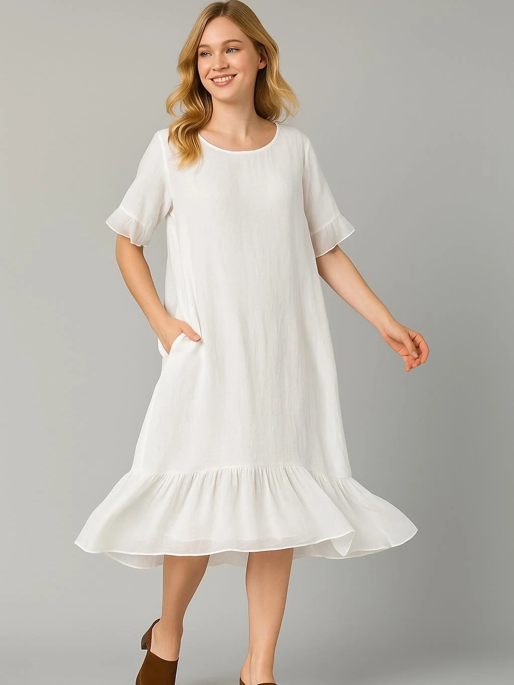 İtalyan Keten İpek Detaylı Elbise - BEYAZ