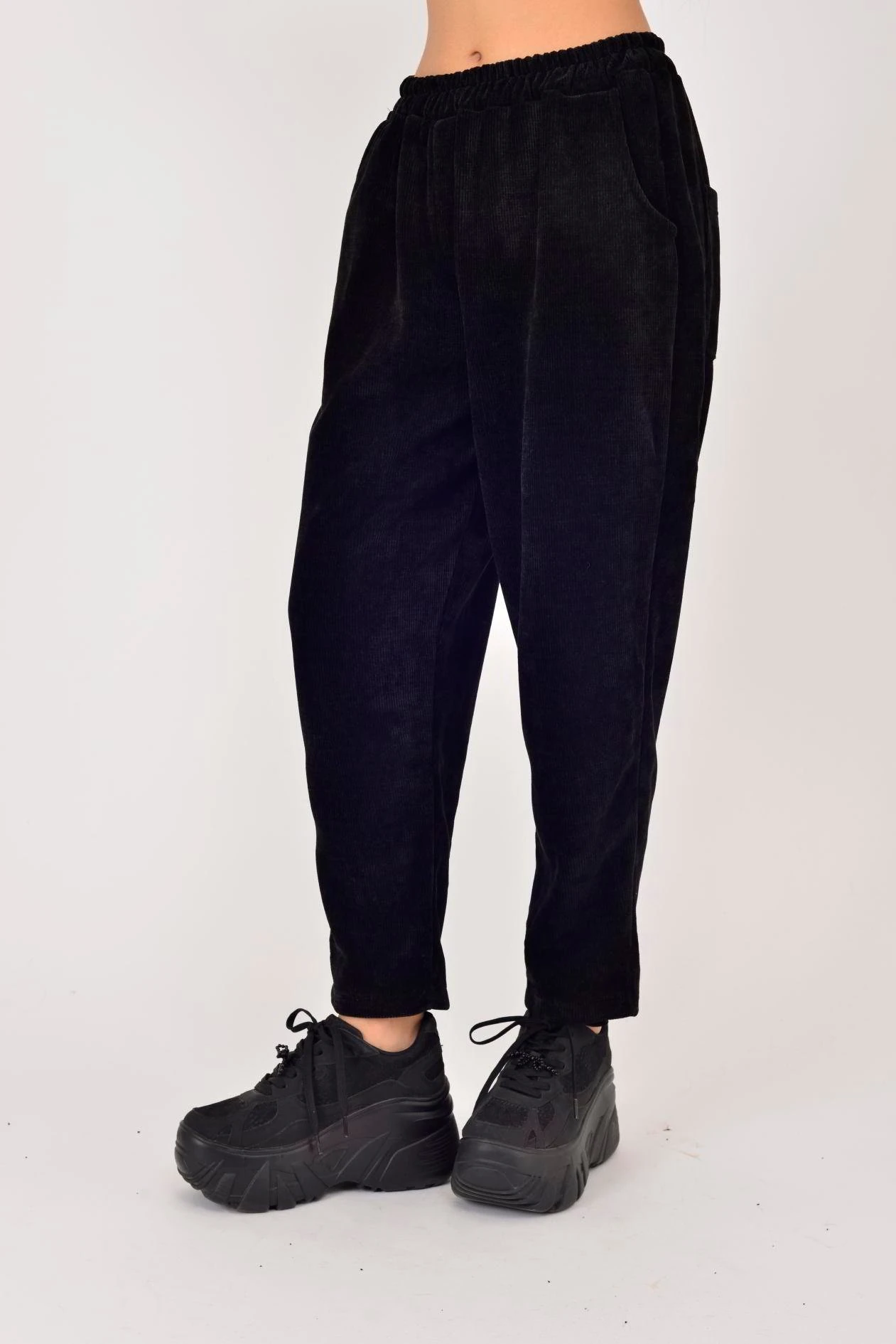 İtalyan Cep Detaylı Fitilli Kadife Pantolon - SİYAH