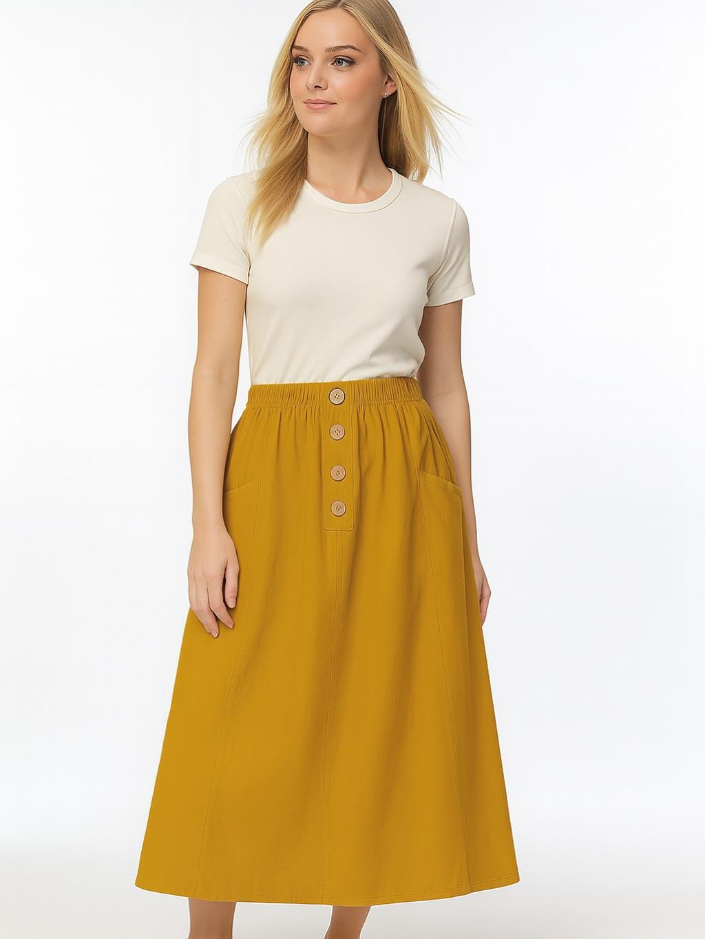 İtalyan Kadife Düğme Detaylı Etek - HARDAL