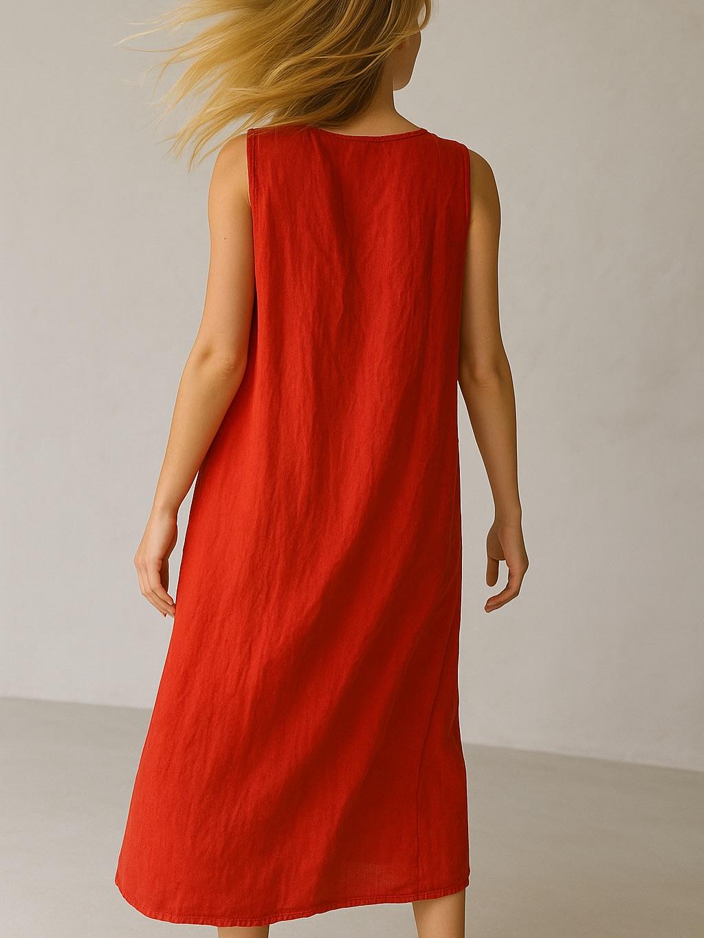 İtalyan Keten Elbise - KIRMIZI
