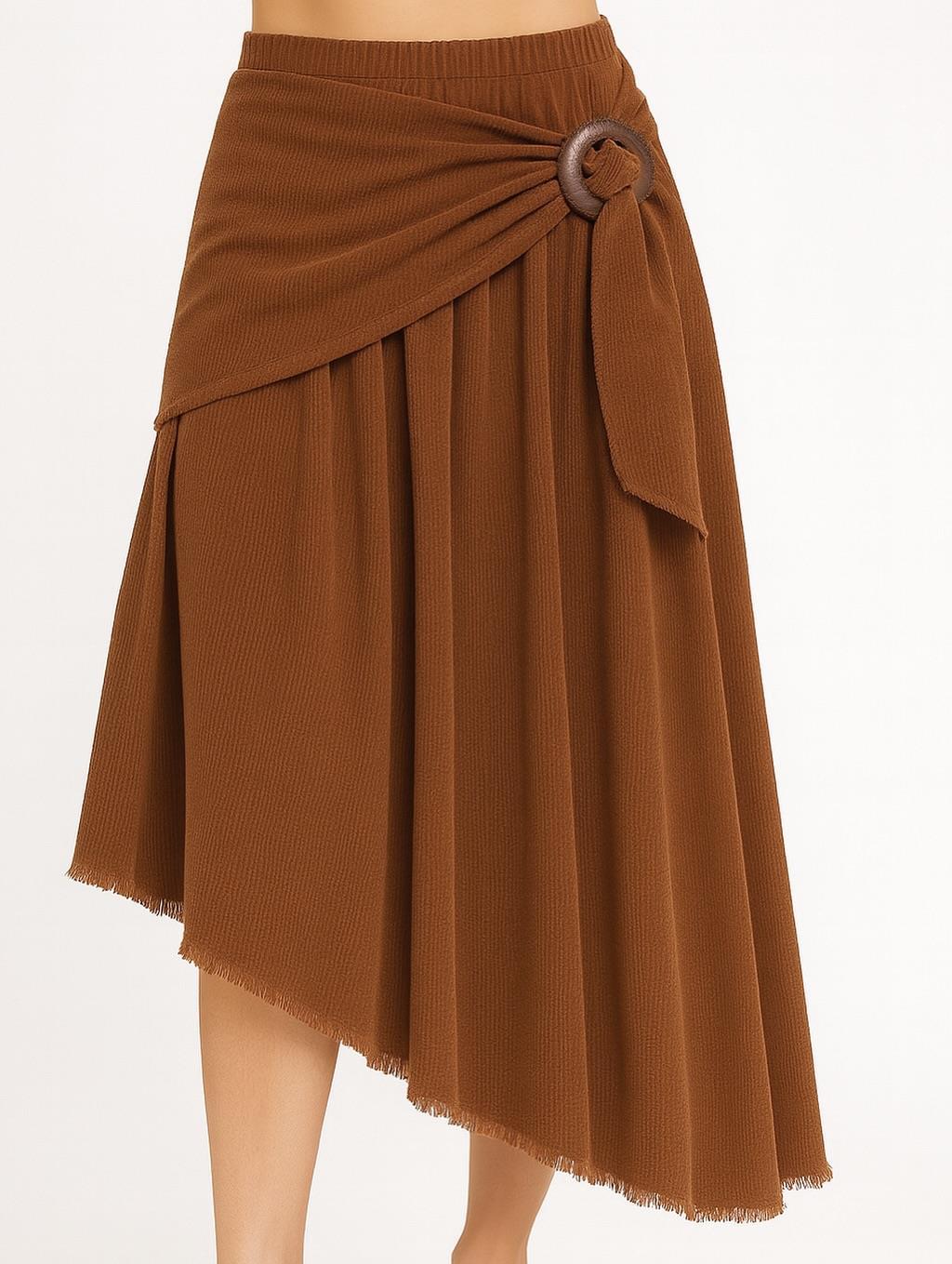 İtalyan Kadife Önden Bağlamalı Etek - KAHVERENGİ