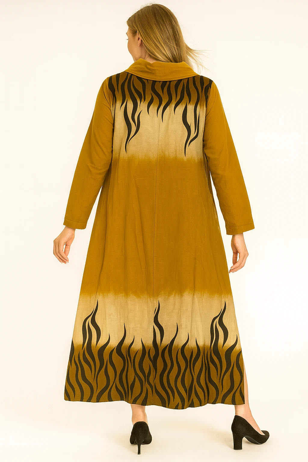 İtalyan Degaje Yaka Kadife Elbise - HARDAL