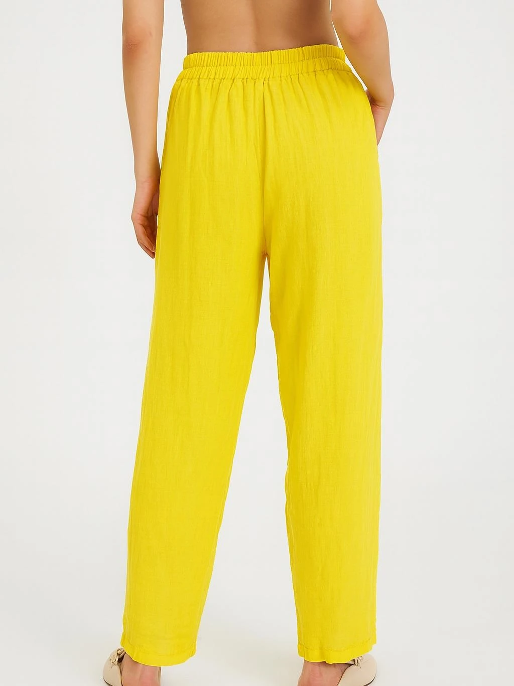 İtalyan Keten Düğme Detaylı Pantolon - SARI