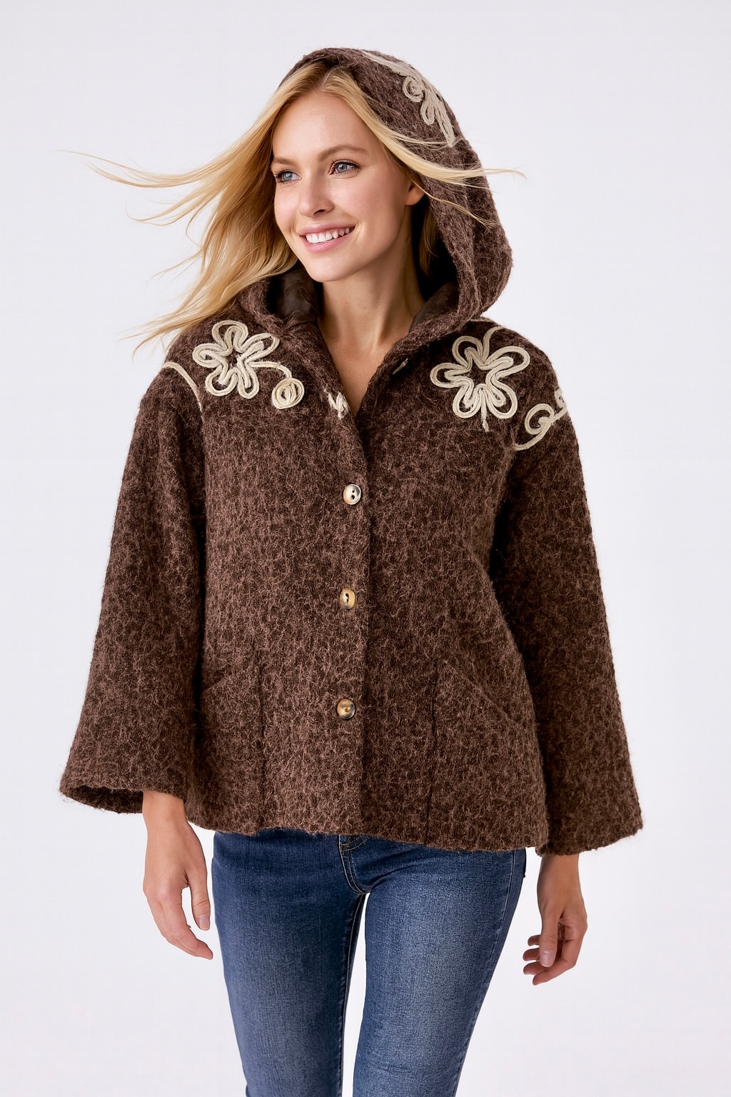 İtalyan Tasarım Kapüşonlu Keçe Ceket - KAHVERENGİ