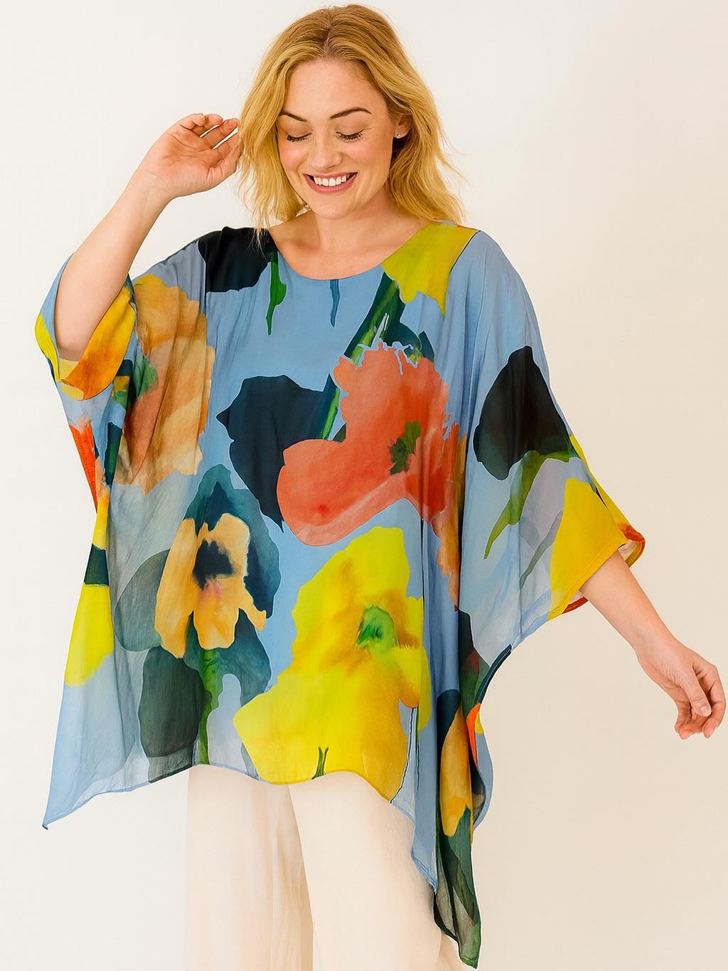 İtalyan Desenli İpek Bluz - MAVİ