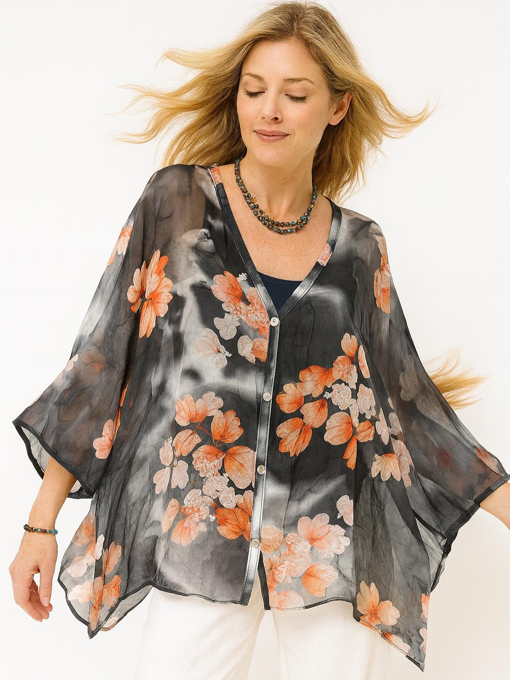 İtalyan Çiçek Desen İpek Bluz - SİYAH