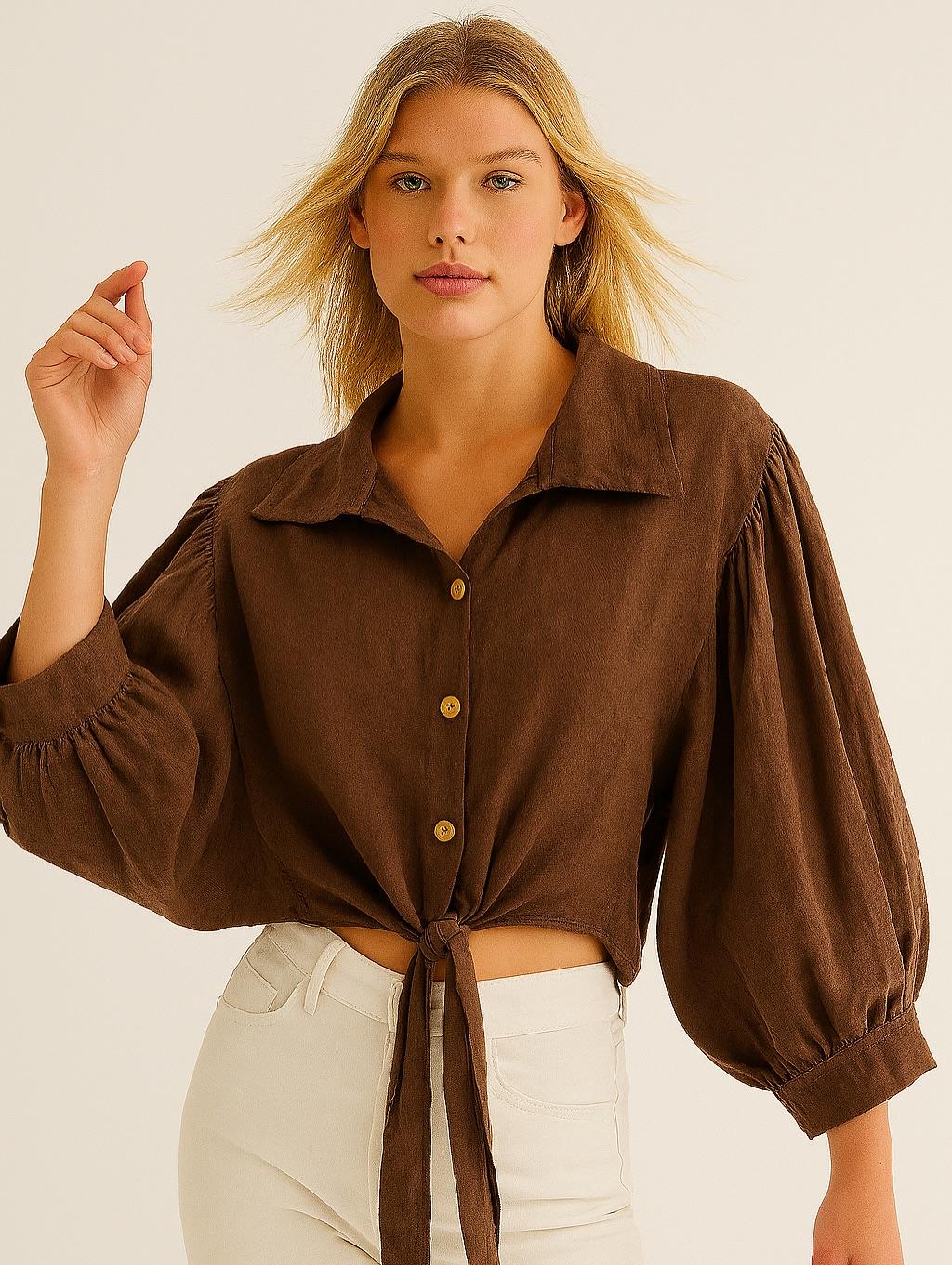 İtalyan  Özel Tasarım Keten Gömlek - KAHVERENGİ