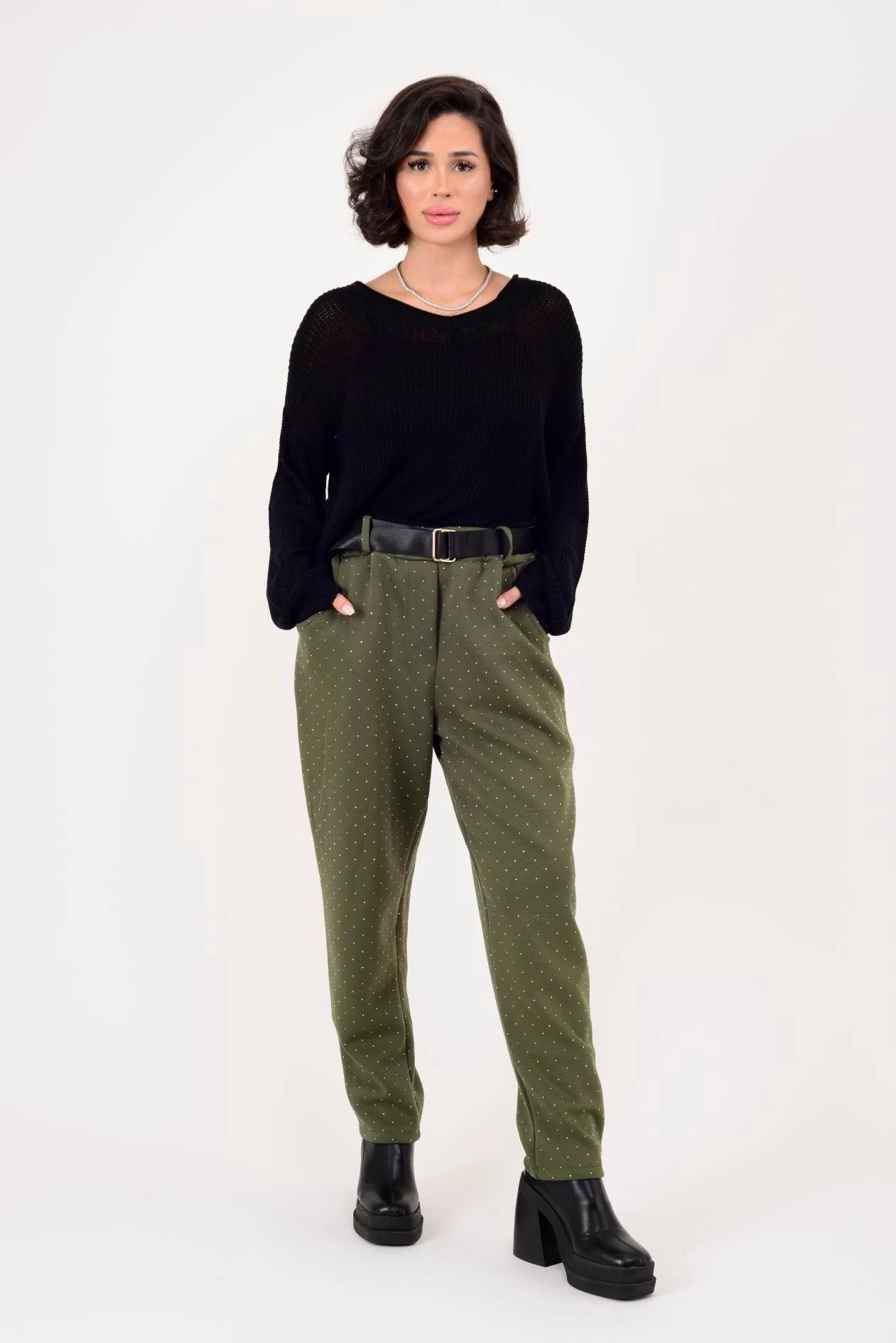 İtalyan Kemer Detaylı Taş İşlemeli Pantolon - HAKİ