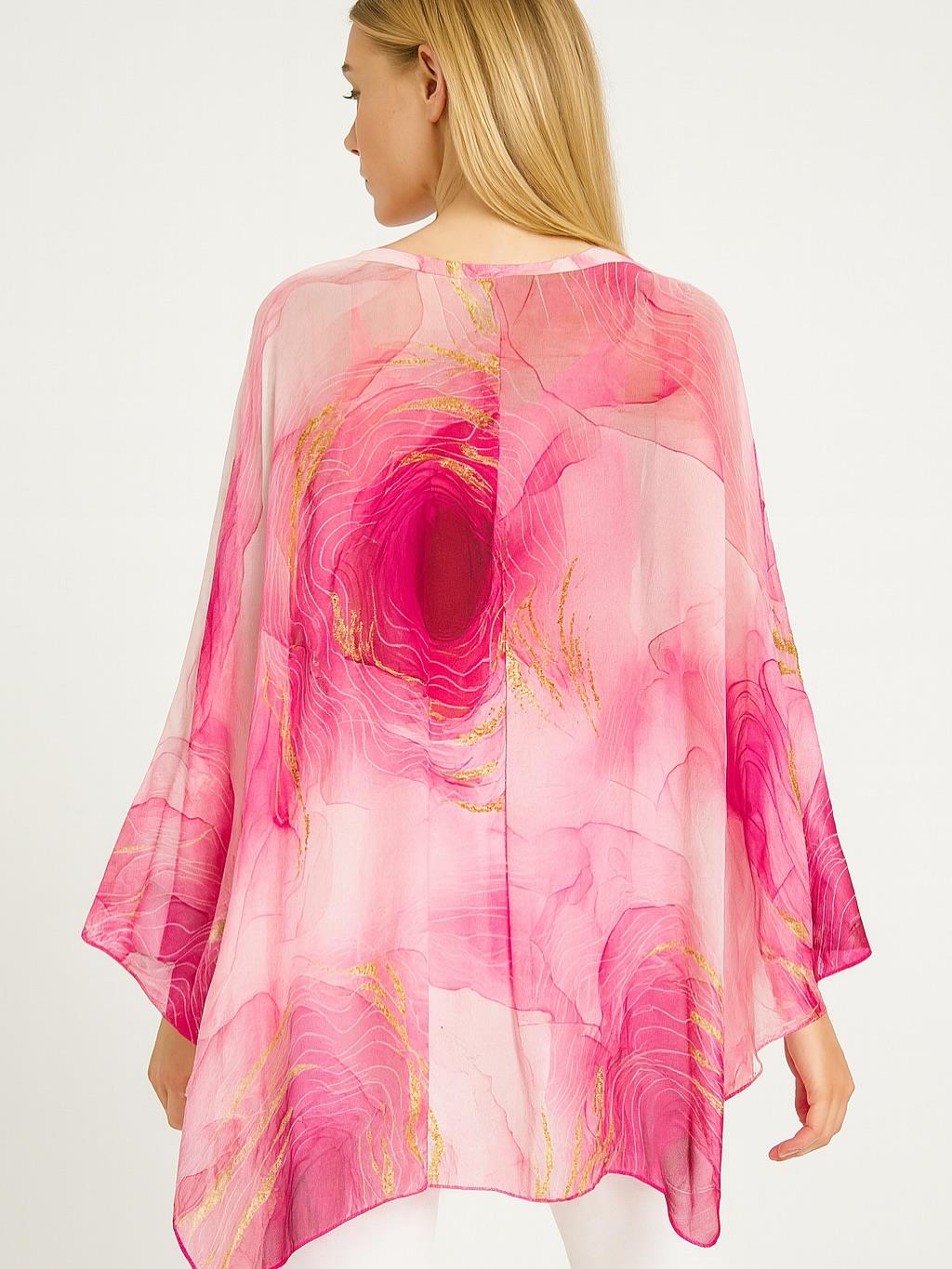 İtalyan Dalga Desen İpek Bluz - PEMBE