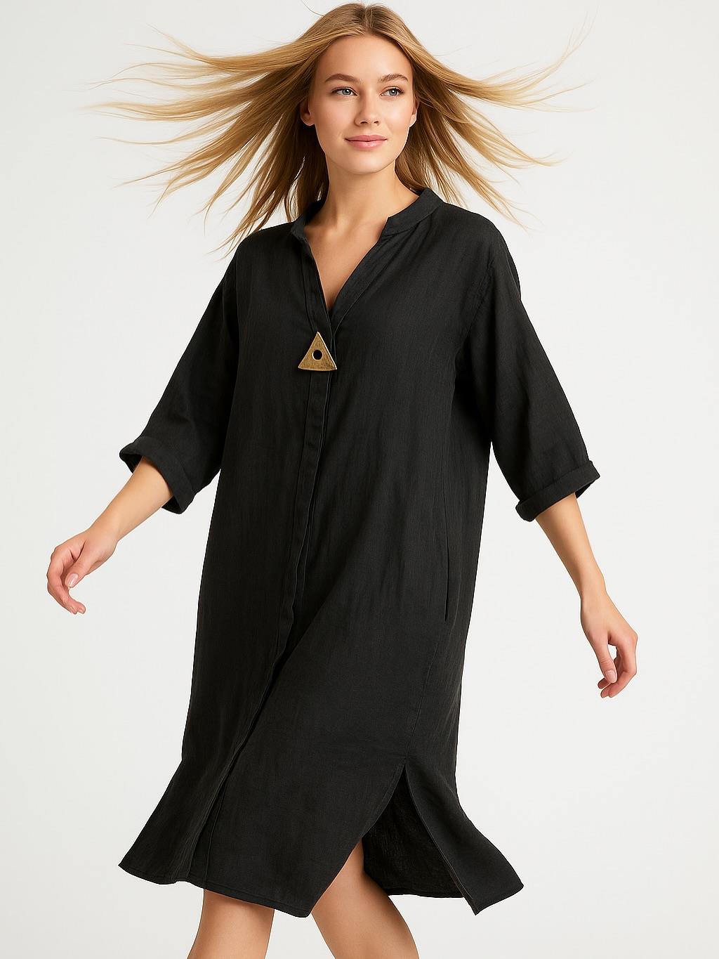 İtalyan Keten Elbise - SİYAH