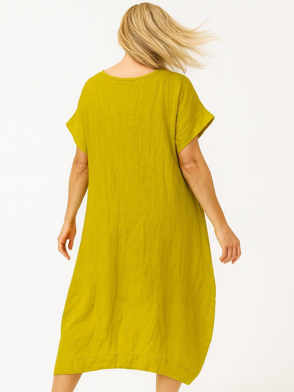 İtalyan Keten Toka Detaylı Elbise - SARI