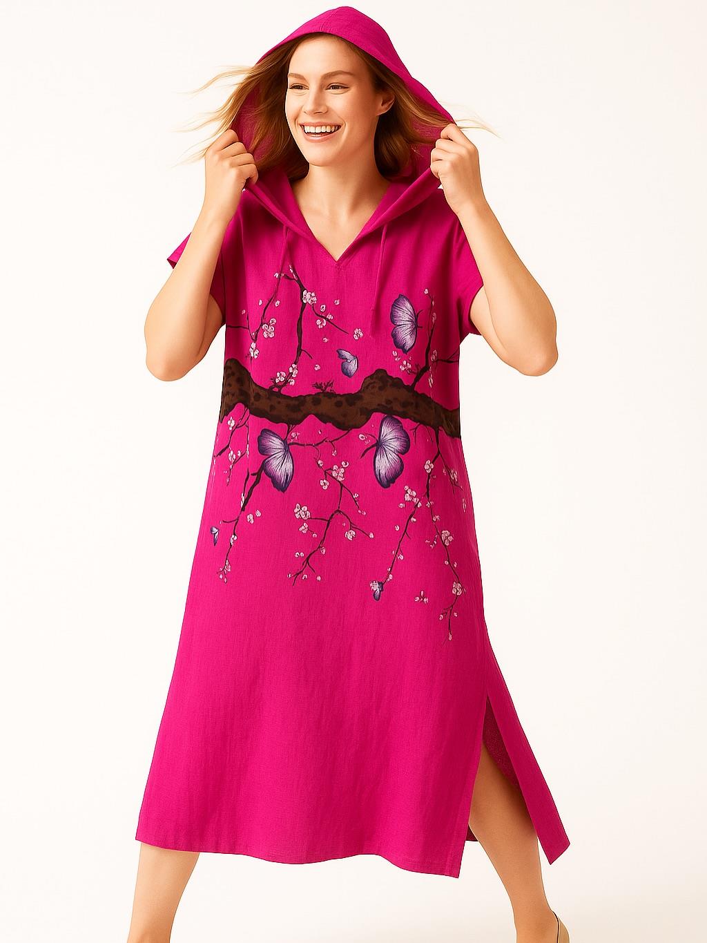 İtalyan Keten Kapüşon Detaylı Elbise - FUŞYA