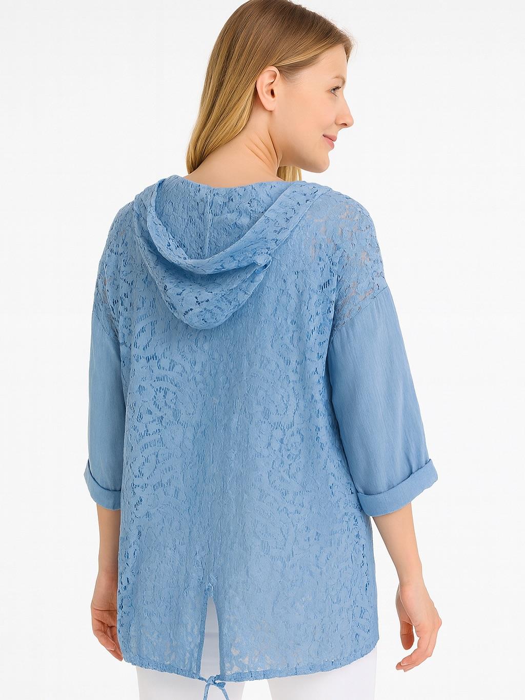 İtalyan Keten Dantel Detaylı Kapüşonlu Ceket - MAVİ