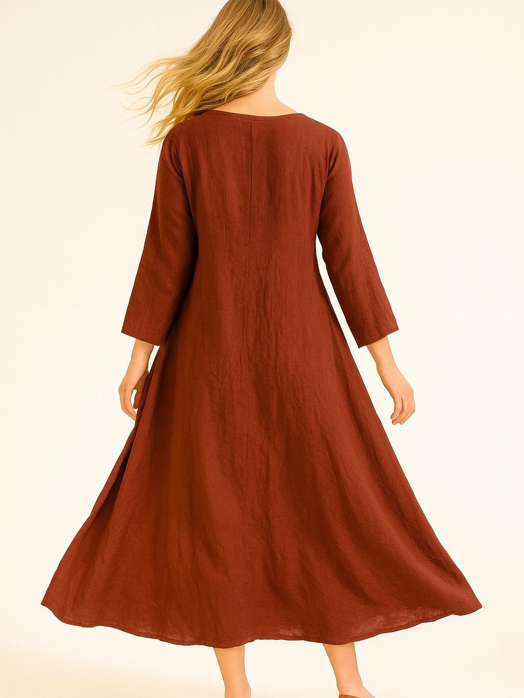 İtalyan Keten V Yaka Elbise - BORDO