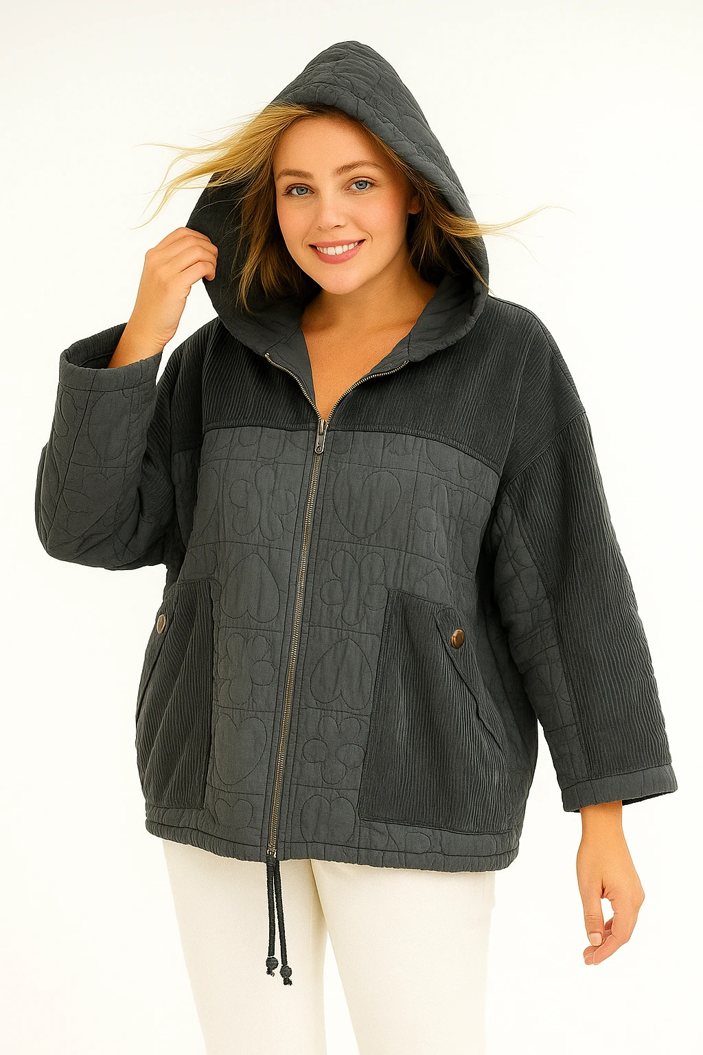 İtalyan Kadife Detaylı Kapitone Ceket - ANTRASİT