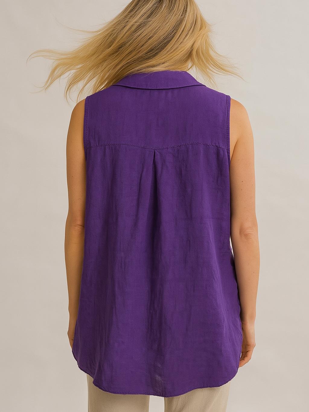 İtalyan Önden Bağlamalı Kolsuz Keten Gömlek - MOR