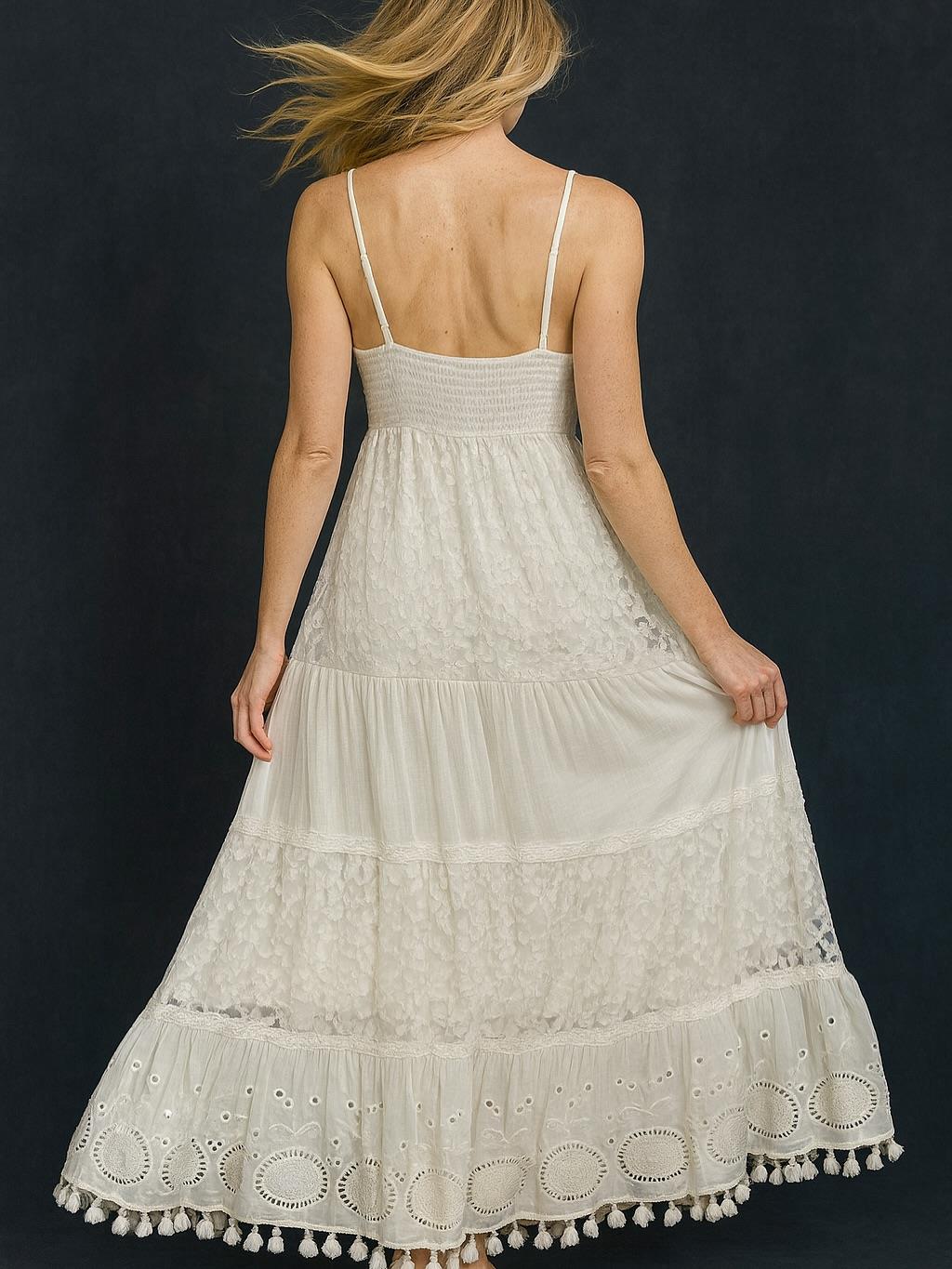 İtalyan Askılı Dantel Elbise - BEYAZ