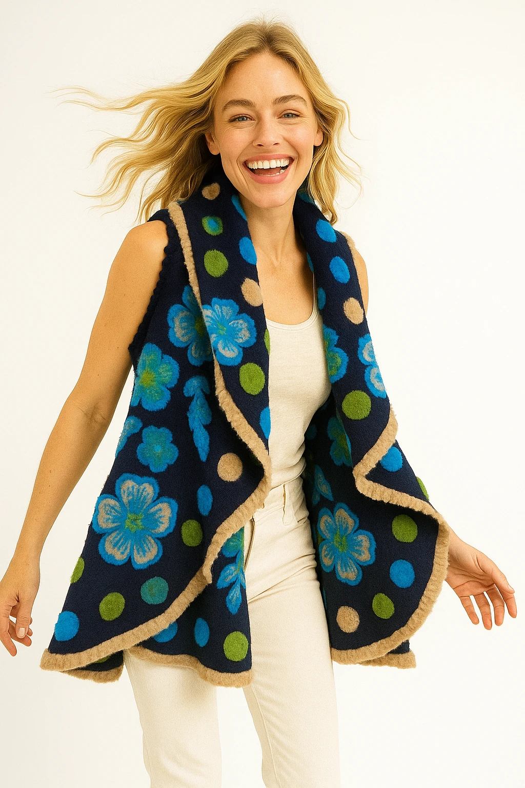 İtalyan Çiçek Kabartmalı Keçe Yelek - KAHVE