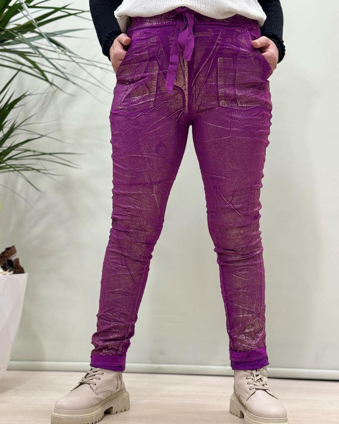 İtalyan Varak Baskılı Likralı Pantolon - FUŞYA