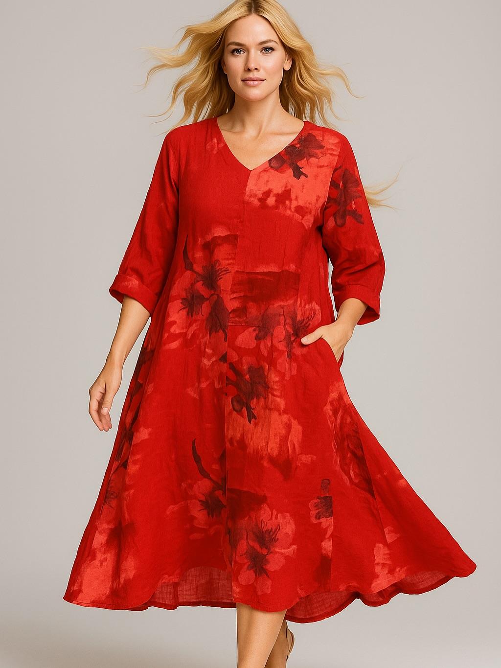 İtalyan Çiçek Desenli Keten Elbise - KIRMIZI