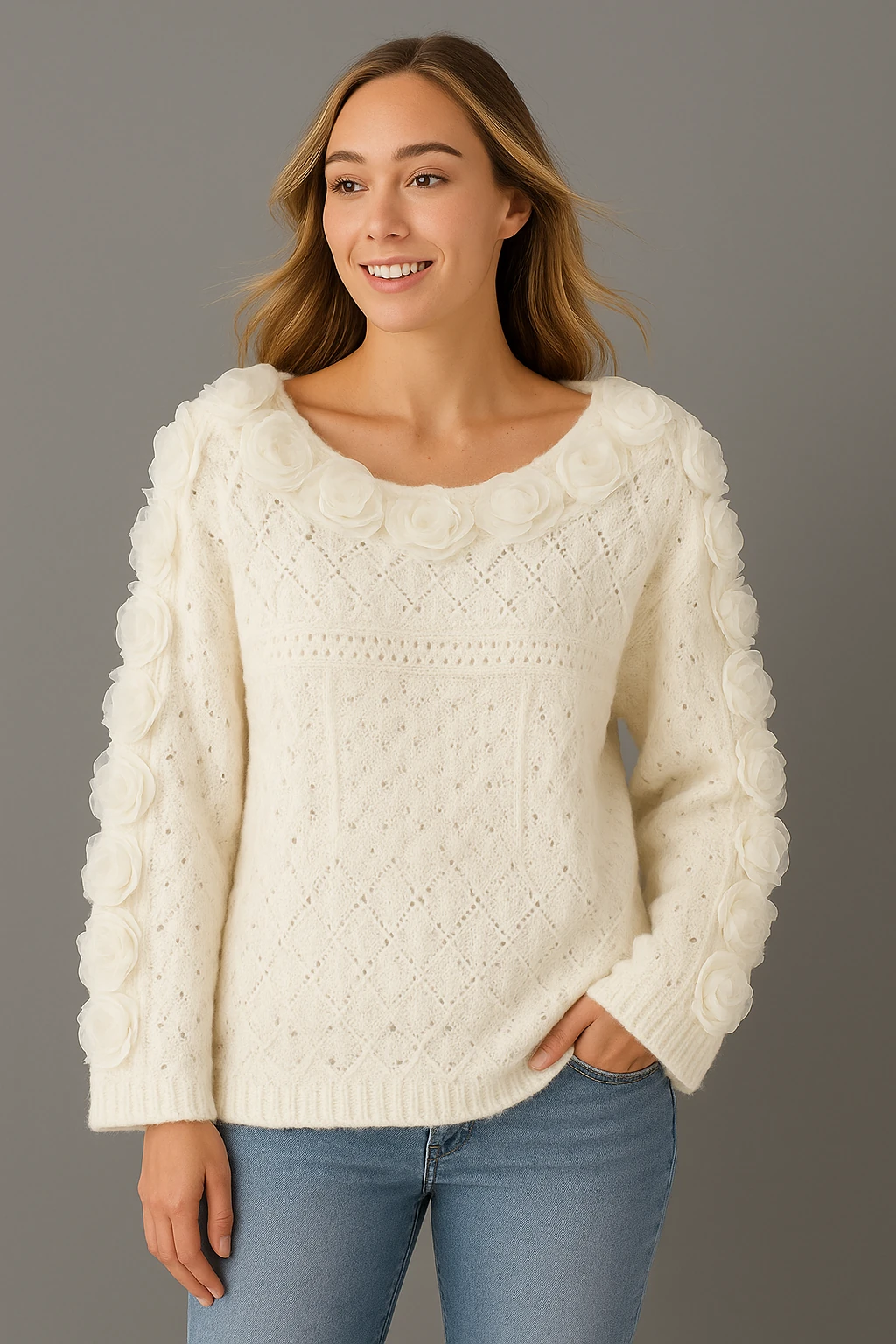 İtalyan Özel Tasarım Triko Bluz - BEYAZ