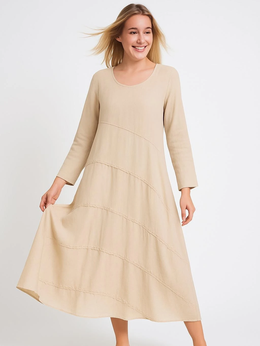 İtalyan Keten Dikiş Detaylı Elbise - BEJ