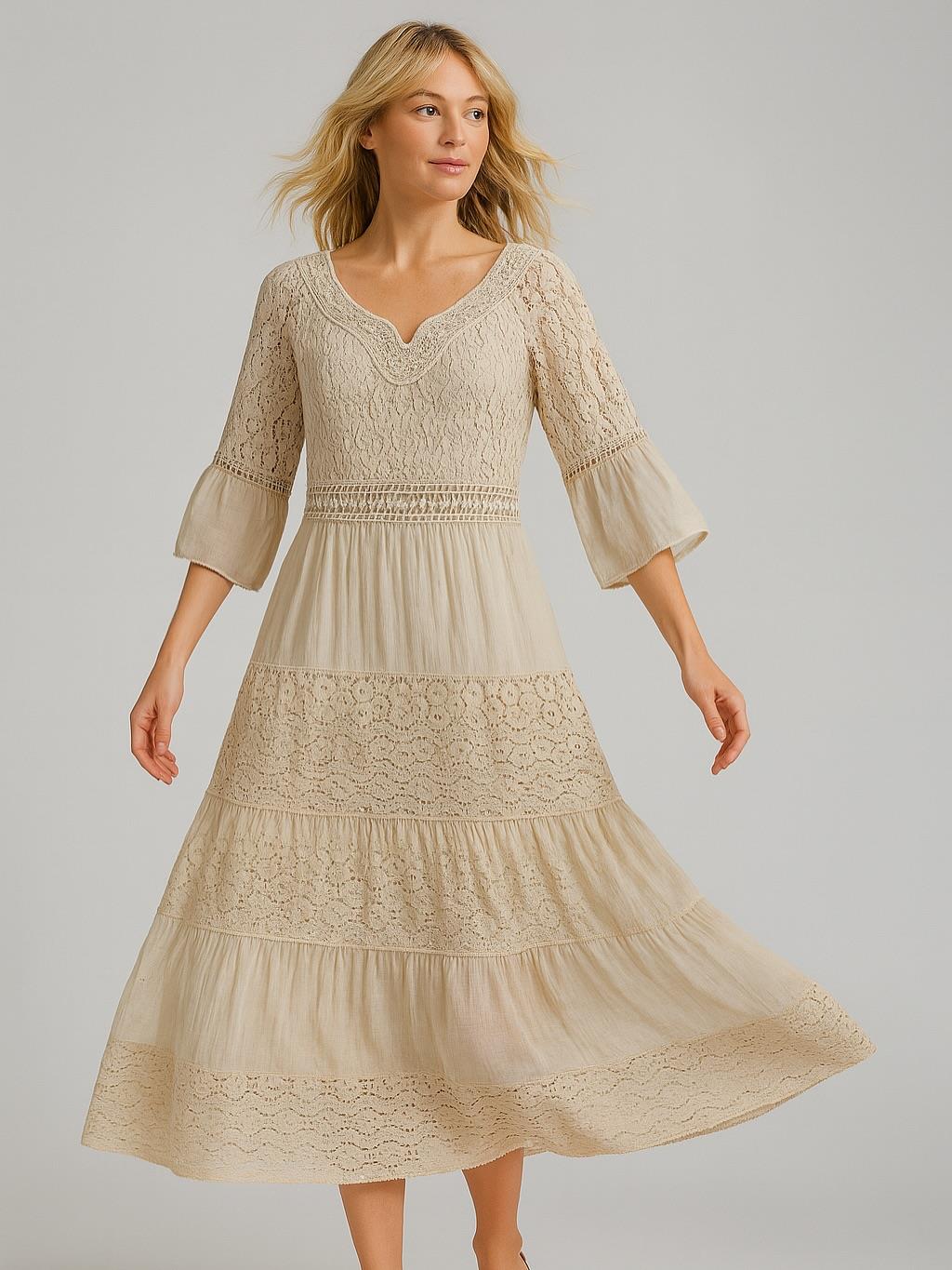 İtalyan İpek Detaylı Dantel Elbise - BEJ