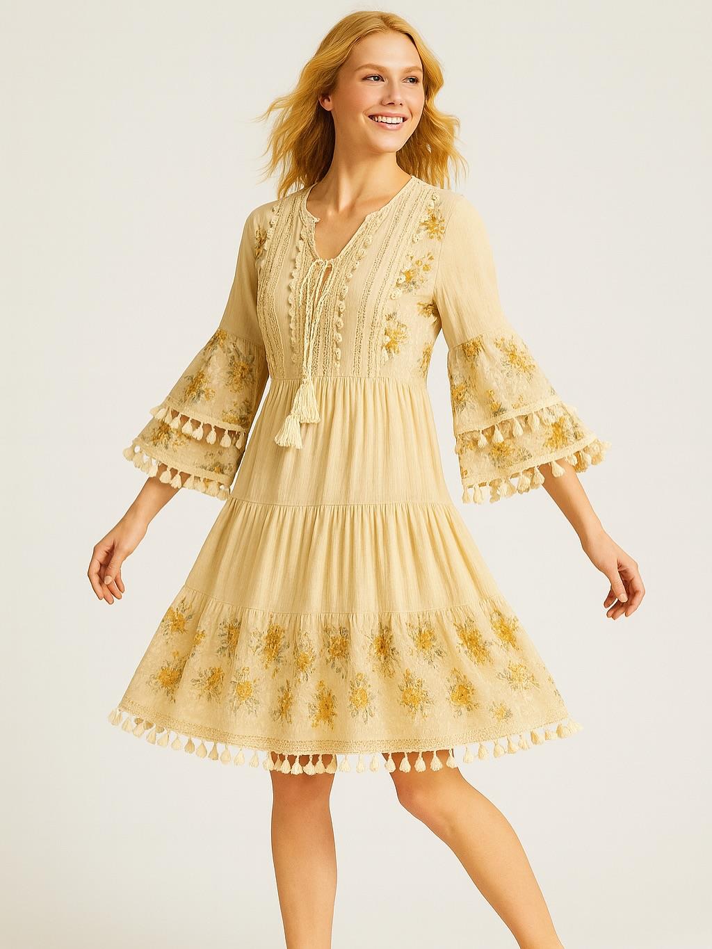 İtalyan Özel Tasarım  Kısa Keten Elbise - BEJ