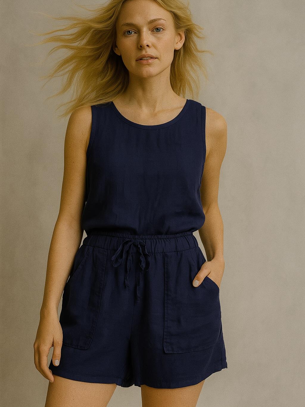 İtalyan Keten Şort - LACİVERT