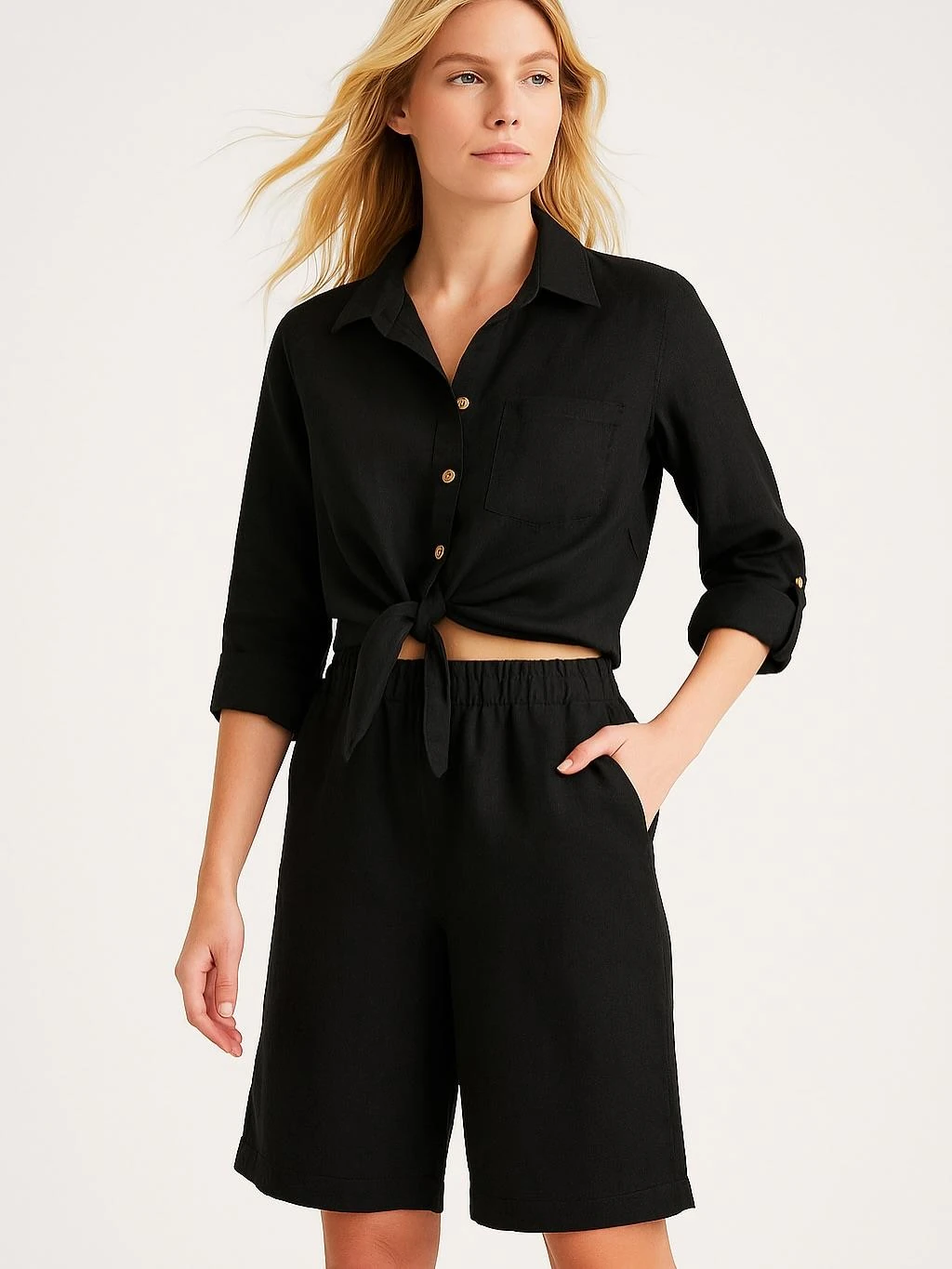 İtalyan Keten Şort Takım - SİYAH