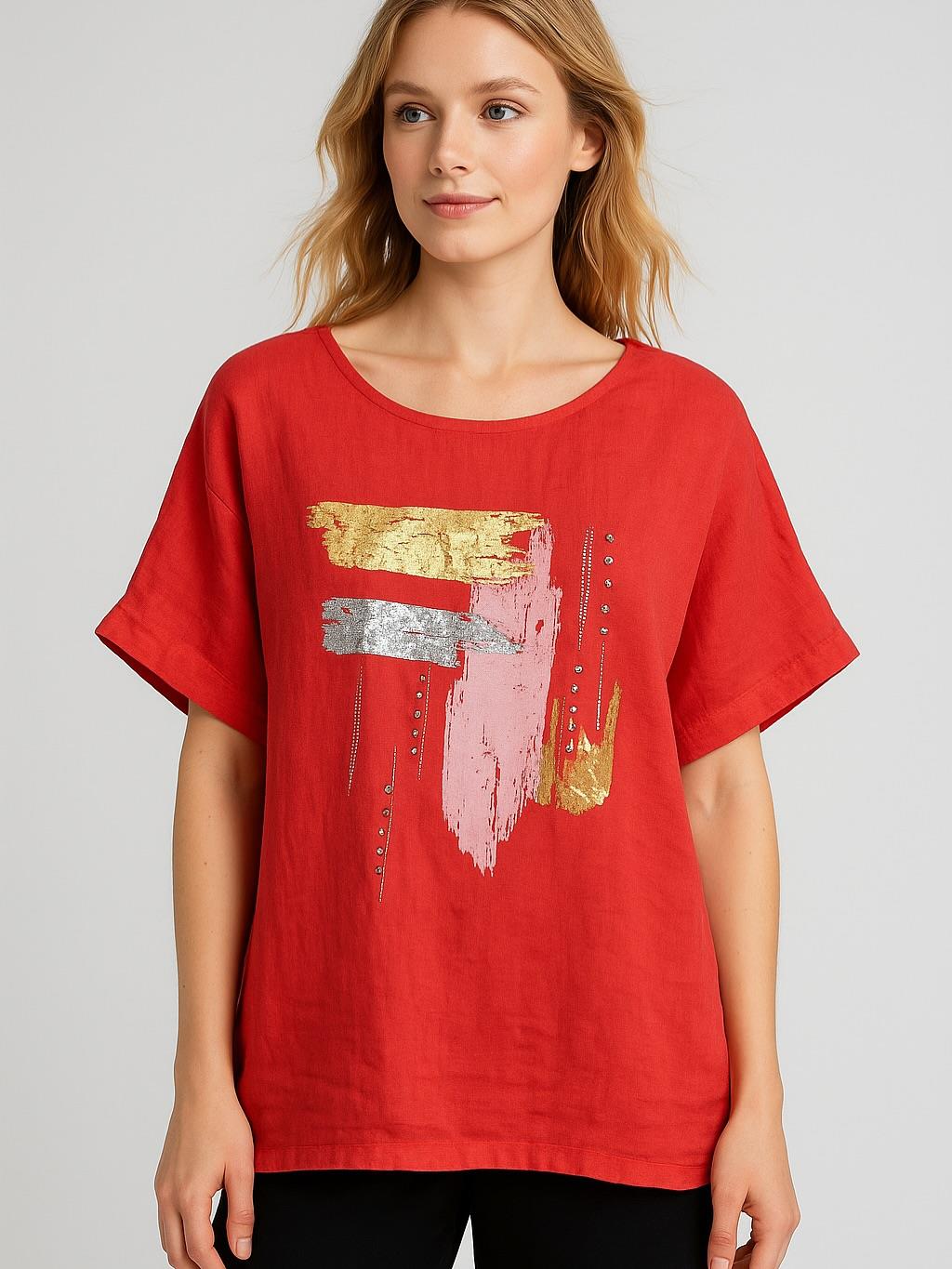 İtalyan Keten Desenli Bluz - KIRMIZI