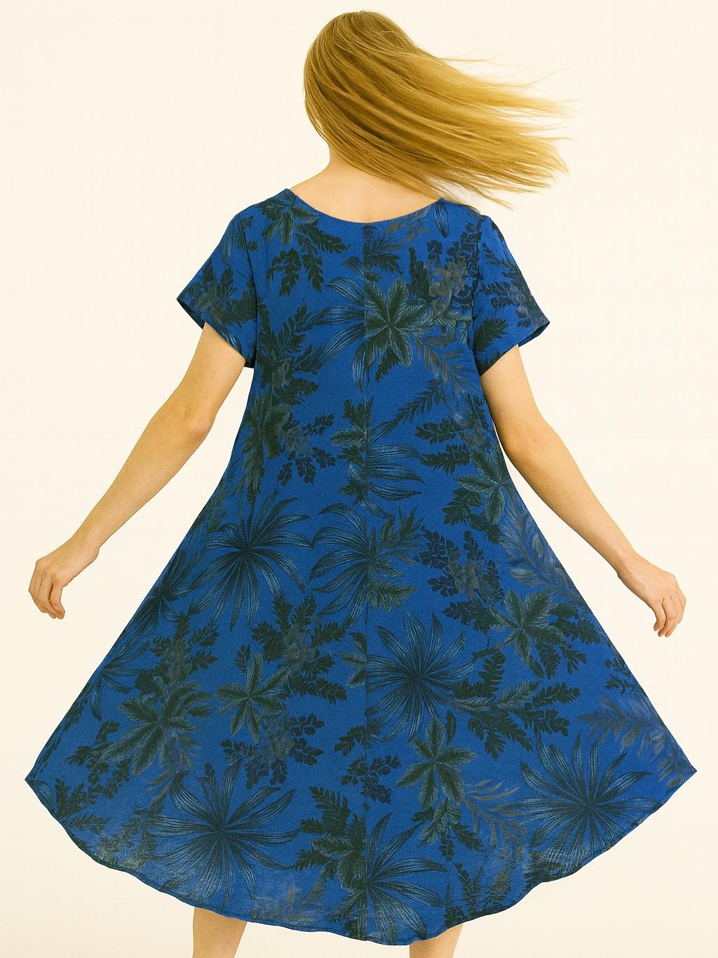 İtalyan Keten Yaprak Desen Elbise - SAKS MAVİ