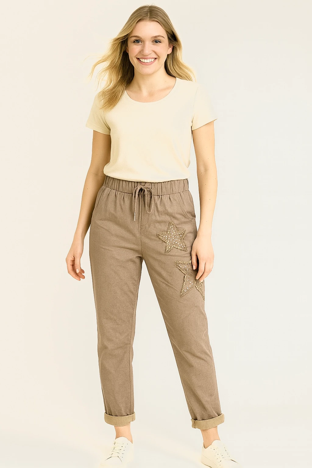 İtalyan Yıldız Detaylı Likralı Pantolon - VİZON