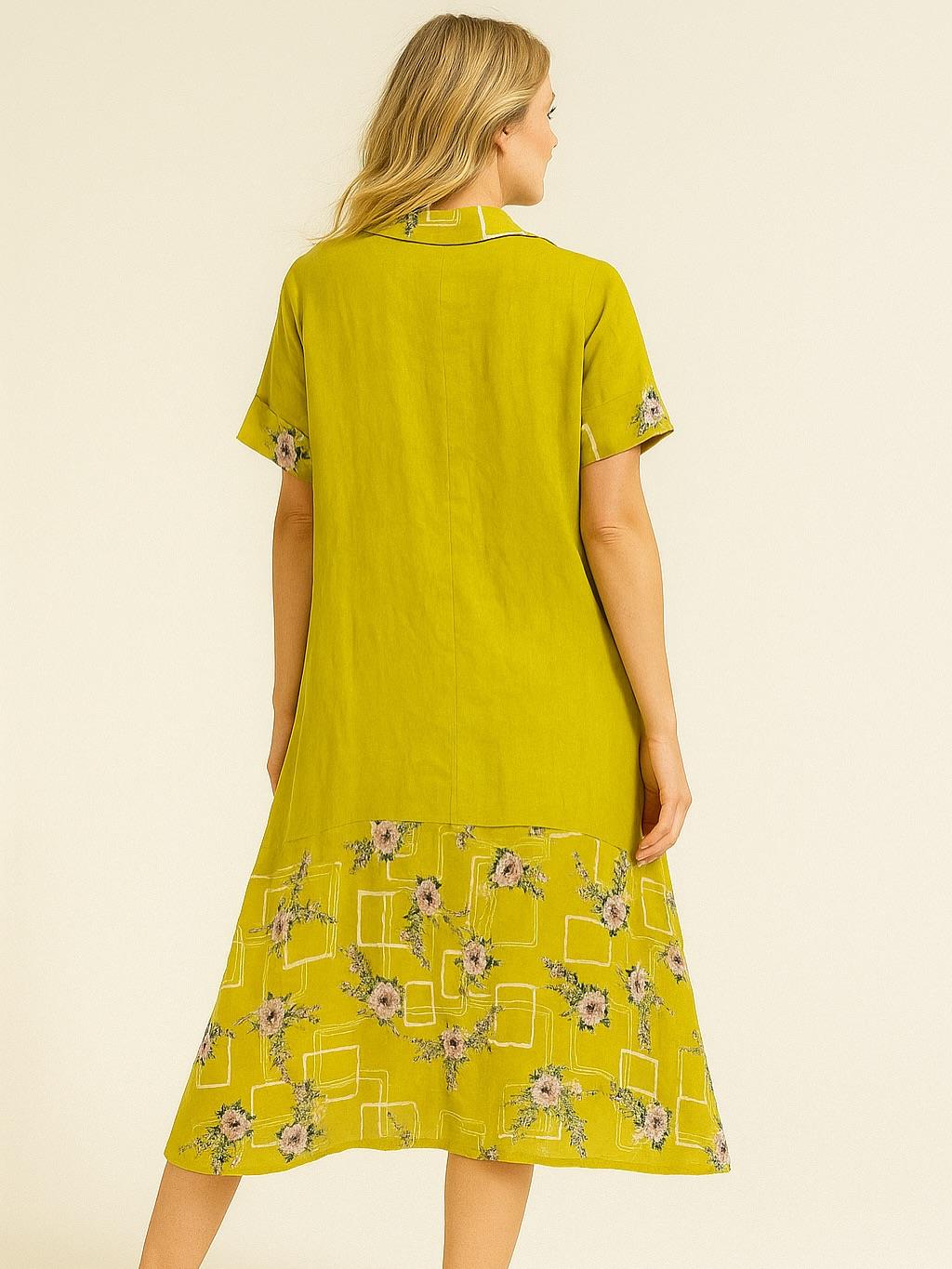 İtalyan Çiçek Desenli Keten Elbise - SARI