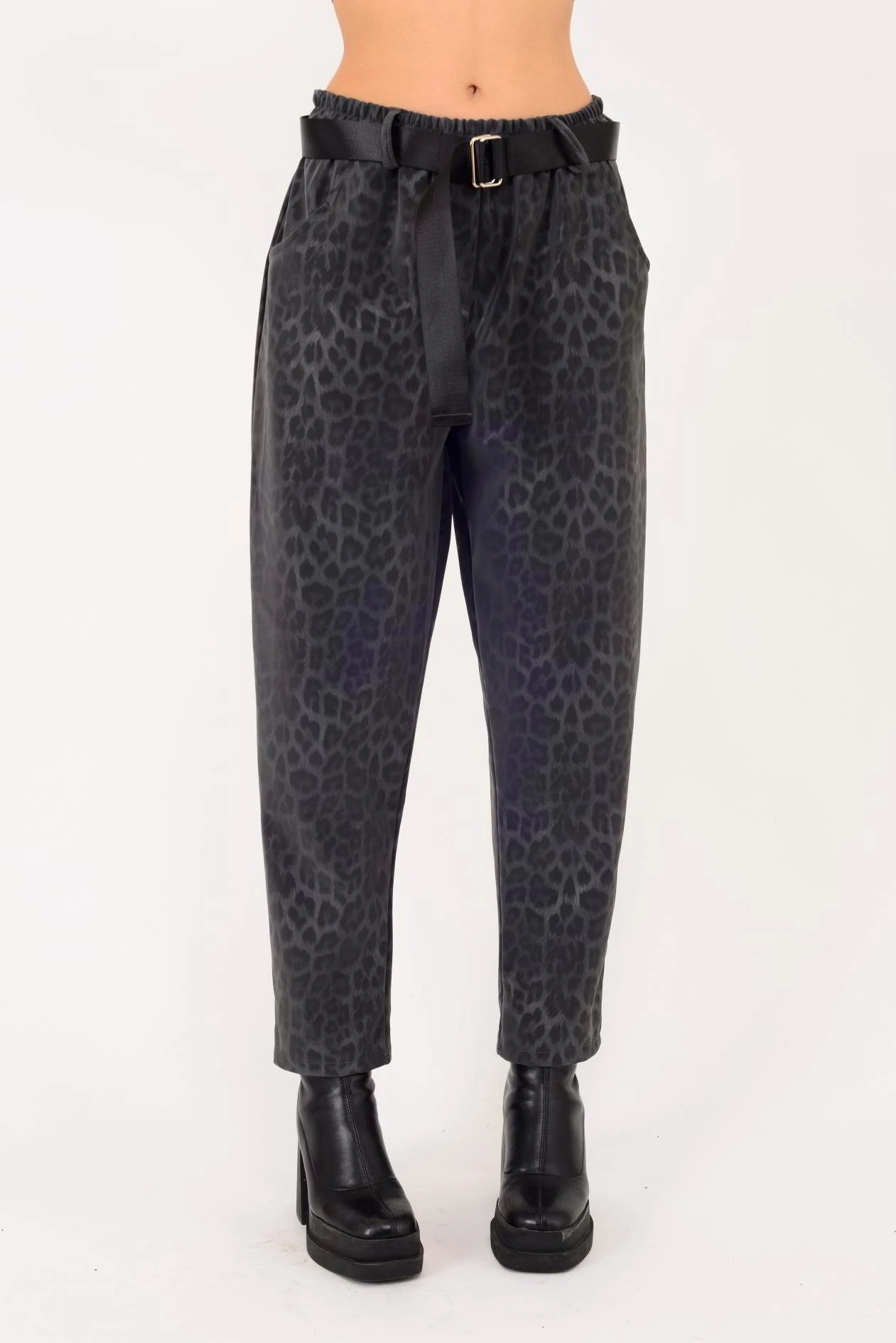 İtalyan Kemer Detaylı Leopar Desenli Pantolon - ANTRASİT