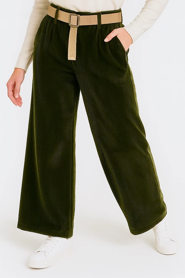 İtalyan Kadife Boru Paça Kemerli Pantolon - ZÜMRÜT YEŞİLİ