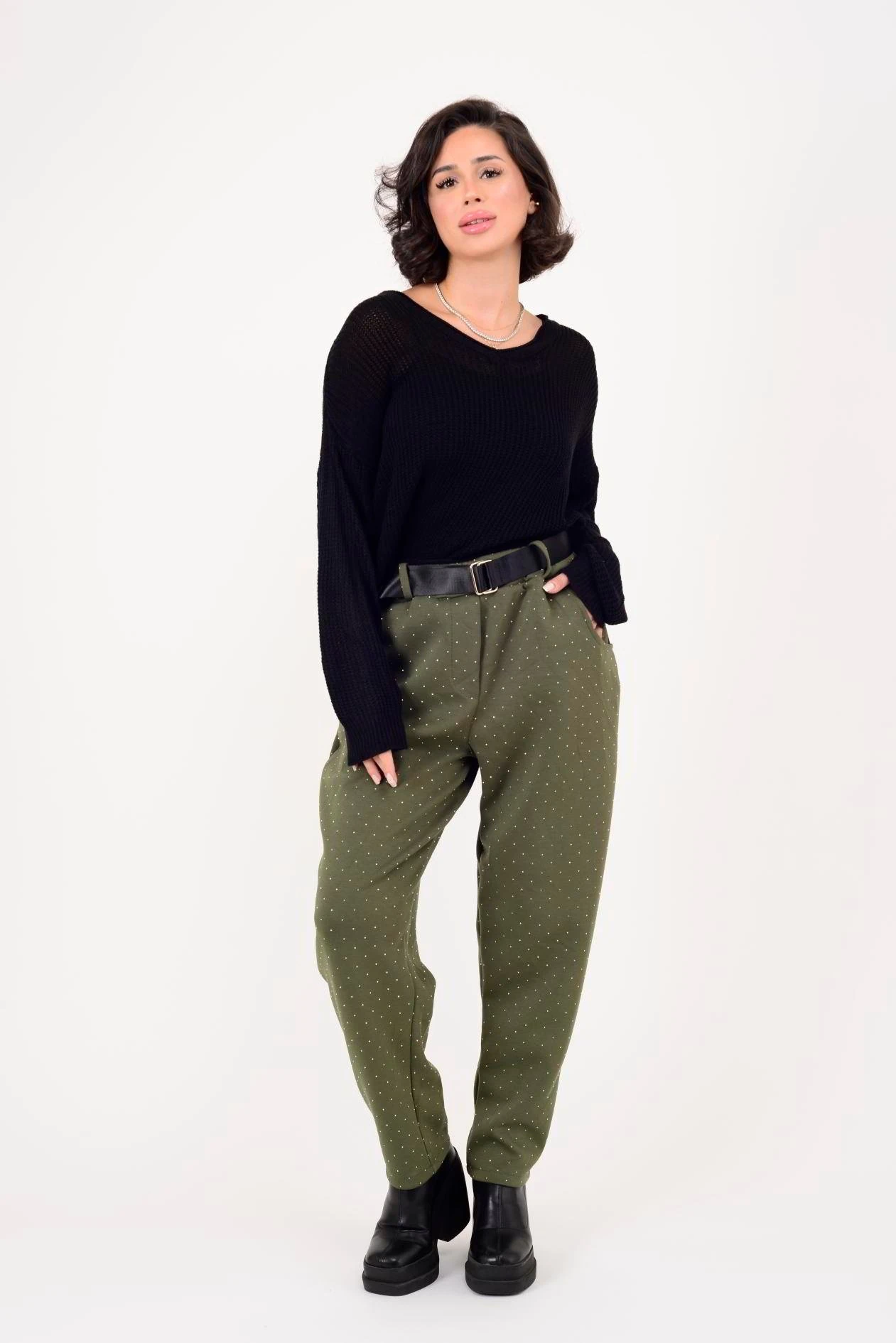 İtalyan Kemer Detaylı Taş İşlemeli Pantolon - HAKİ