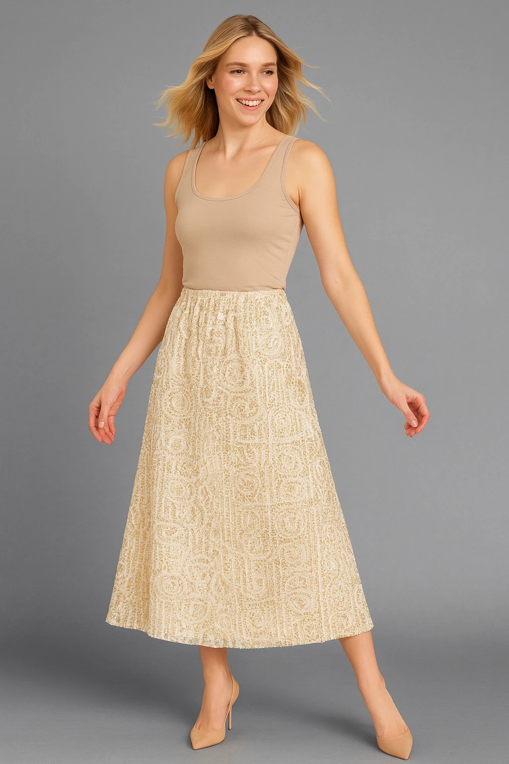 İtalyan Pul Payetli Etek - BEJ