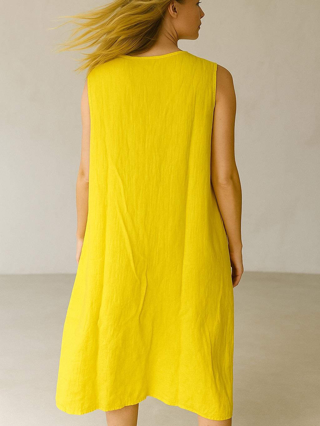 İtalyan Keten Elbise - SARI