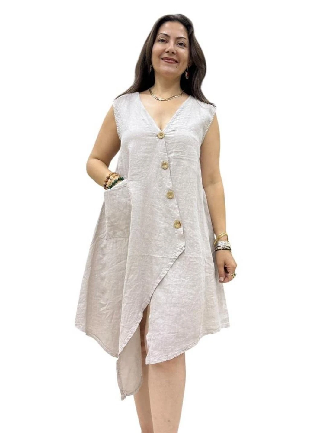 İtalyan Keten Tasarım Elbise - BEJ
