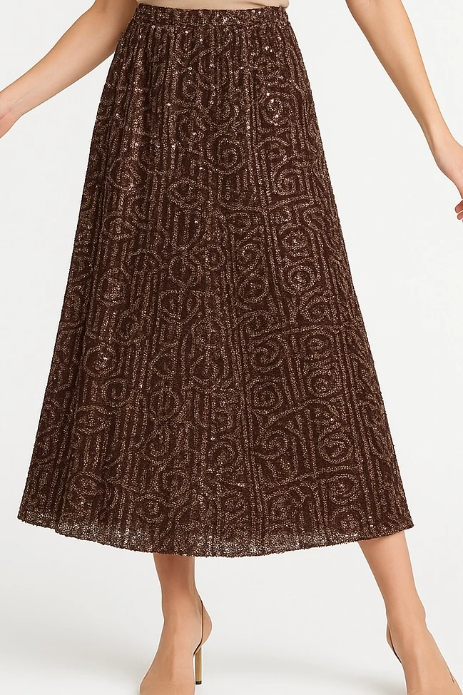 İtalyan Pul Payetli Etek - KAHVERENGİ