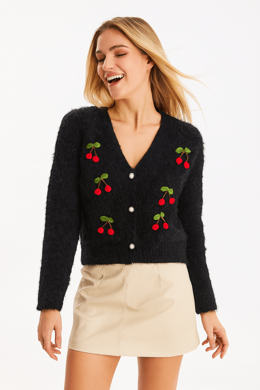 İtalyan Angora  Kiraz Detaylı Hırka - SİYAH