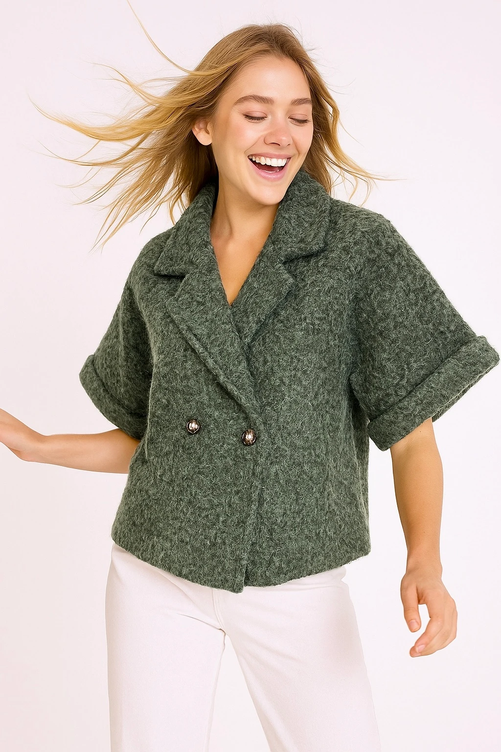 İtalyan Kısa Kollu Keçe Ceket - HAKİ