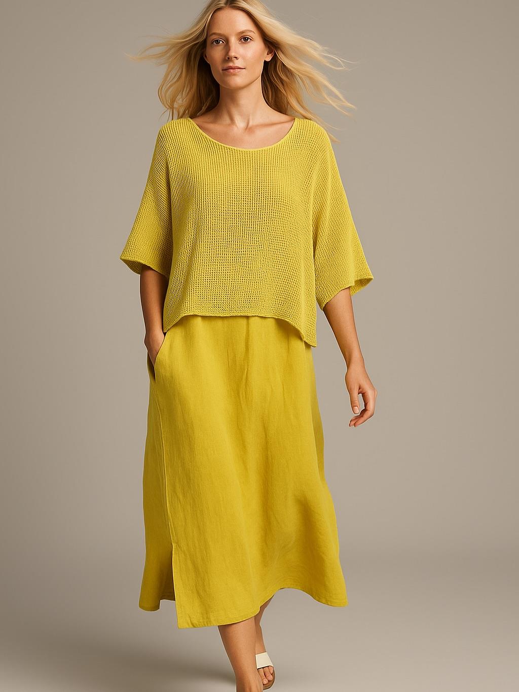 İtalyan Kalın Askılı File Elbise - SARI