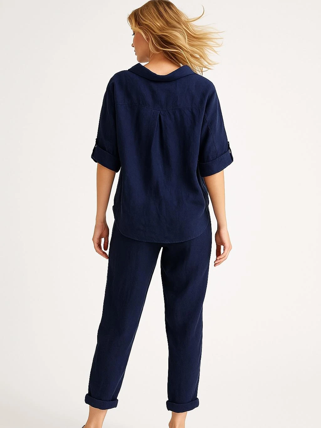 İtalyan Önden Bağlamalı Keten Takım - LACİVERT