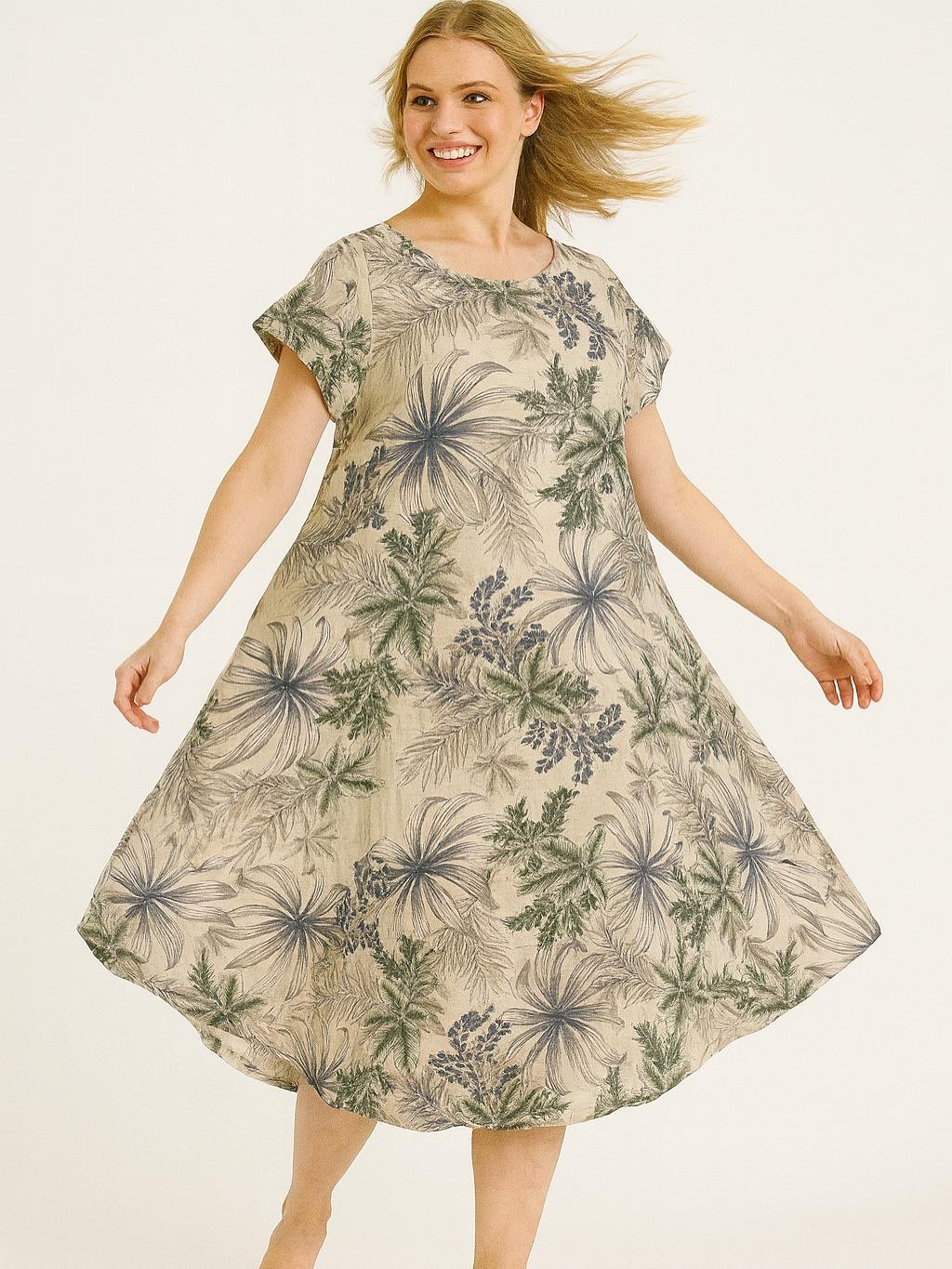 İtalyan Keten Yaprak Desen Elbise - BEJ