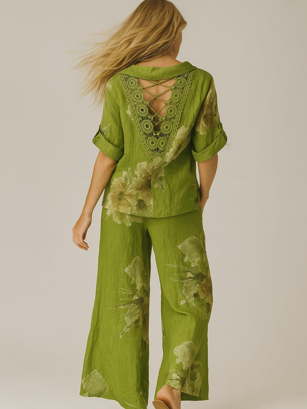 İtalyan Sırt Dantel Detaylı Keten Takım - YAĞ YEŞİLİ