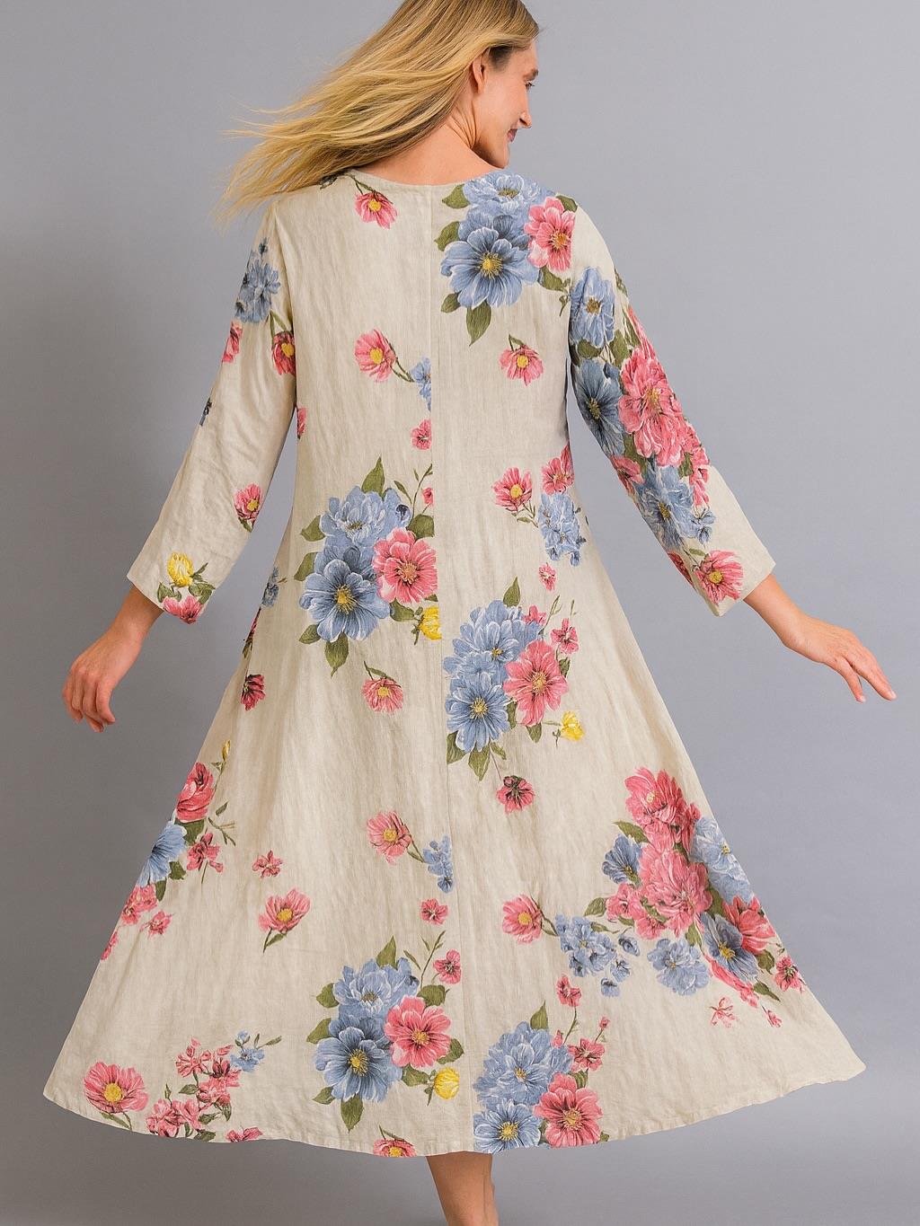 İtalyan Keten Çiçek Desenli Elbise - BEJ